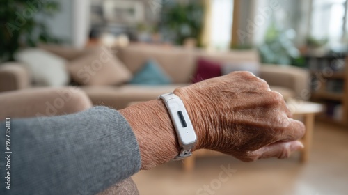 Close medium shot of a wearable falldetection wristband on an elderly persons arm with the arm sharply in focus and a softly blurred home environment behind.