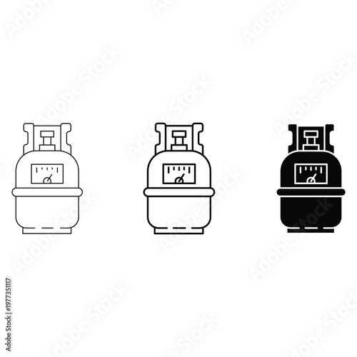 Industrial gas cylinder tank with pressure gauge icon vector illustration set in thin line bold outline and silhouette styles.