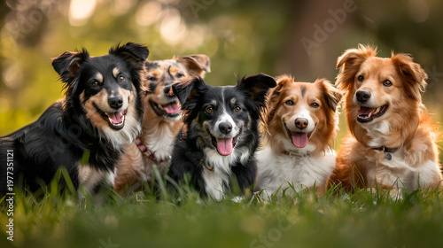A Group Of five happy dogs sitting close together