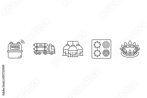 Industrial gas supply and household energy equipment line icon vector illustration featuring smart meter cng truck storage tanks and stove.