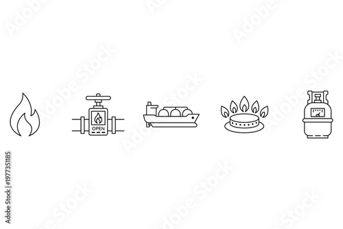 Industrial gas production and distribution line icon vector illustration featuring flame valve tanker burner and cylinder tank.