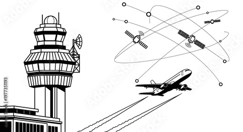 An illustrated airport control tower stands against a clear sky, featuring architectural line art that blends urban construction with a sleek travel design