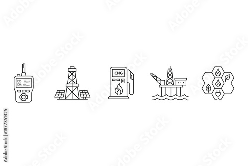 Industrial gas extraction and sustainable energy production line icon vector illustration featuring detector solar rig cng pump platform and bioenergy.
