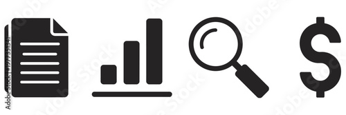 business and finance, featuring report document, growth bar chart, research magnifying glass, dollar sign, data analysis, financial report, investment, business analytics, vector illustration for apps