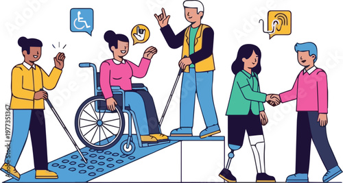 People with disabilities interact and communicate in an inclusive environment.