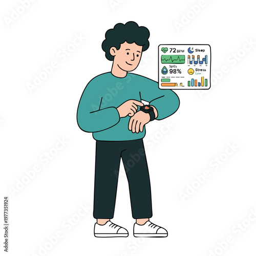 Man checking smart watch with health data displayed.