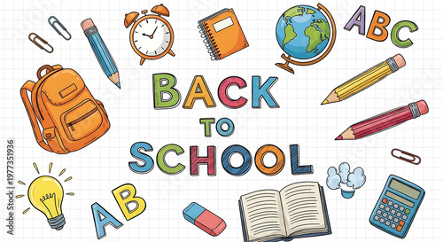 A colorful illustration of school supplies and the words 'back to school' on a grid background with copy space