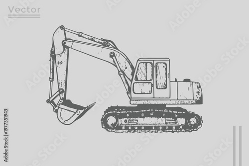 Excavator in Vintage engraving style detailed illustration. Hand drawn Construction work Excavator