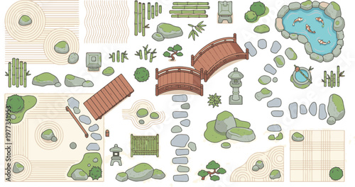 Oriental Landscape Design Icons with Pagoda, Stepping Stones, Bonsai and Sand Patterns