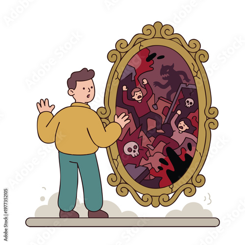 Man Confronting Inner Demons Reflected in Ornate Mirror.