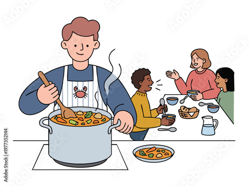 Man cooking delicious stew in a large pot for family dinner.