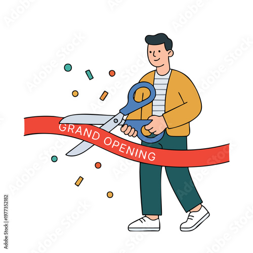 Man Cutting Grand Opening Ribbon with Scissors.