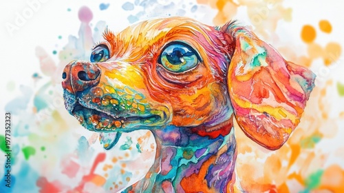 Colorful watercolor illustration of a whimsical dog sculpture with vibrant hues captured in bright lighting.