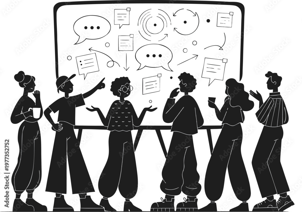 Obraz premium Creative office brainstorming meeting silhouette team discussing ideas whiteboard planning collaboration innovation concept minimal vector professional corporate illustration design