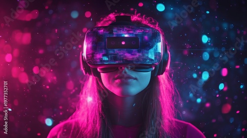 A girl wearing VR glasses is immersed in a vibrant digital world, demonstrating her enthusiasm whilst creating a striking backdrop for gaming entertainment.