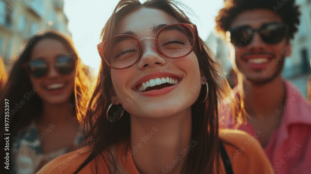 Fototapeta premium A cheerful girl in red glasses smiles broadly amongst her friends on the street, radiating happiness and creating an atmospheric backdrop for youth communities.