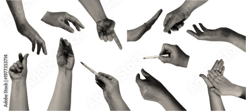 Set of hands with halftone effect. Paper clipping shapes, cut out. Modern retro vector illustration on transparent.