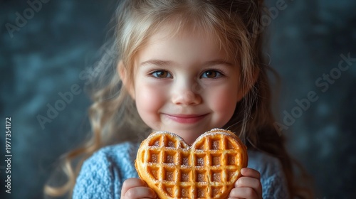 A little girl happily holds a heart-shaped waffle, conveying a sense of tenderness and creating an inspiring backdrop for children’s treats.