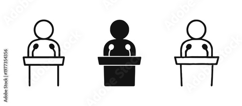 Speaker at podium icons set, person speaking at tribune with microphones vector illustration