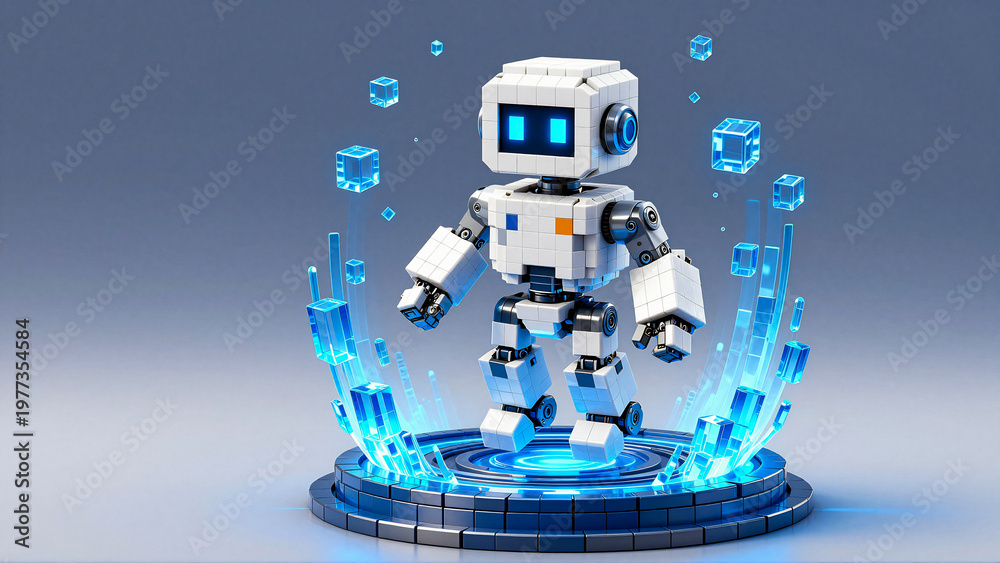 Fototapeta premium Adorable Lego-style robot emerging from digital cubes on a platform