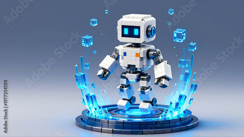 Adorable Lego-style robot emerging from digital cubes on a platform