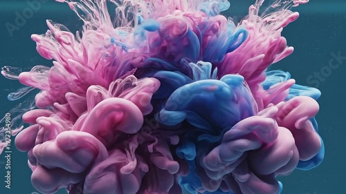 Abstract shot of vibrant pink and blue ink mixing in clear water. Fluid motion of colorful paint clouds swirling underwater. Artistic background with high-quality slow motion.