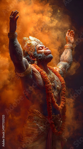 Majestic Lord Hanuman Raising Arms Wide Open in Powerful Divine Victory Pose With Orange Smoke Background, Fierce Hindu God Bajrangbali Digital Art, Spiritual Worship Wallpaper