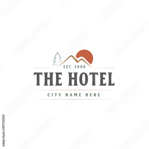  Vintage Hotel Logo Template – Mountain Landscape Travel Resort Emblem Mountain Sunset Nature Resort Branding Template Modern Hotel Luxury Resort Logo Design Minimal Hotel Logo Outdoor Adventure      
