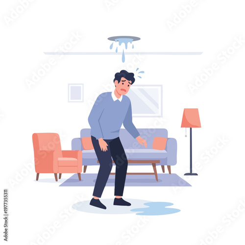 Man distressed by ceiling leak indoors.
