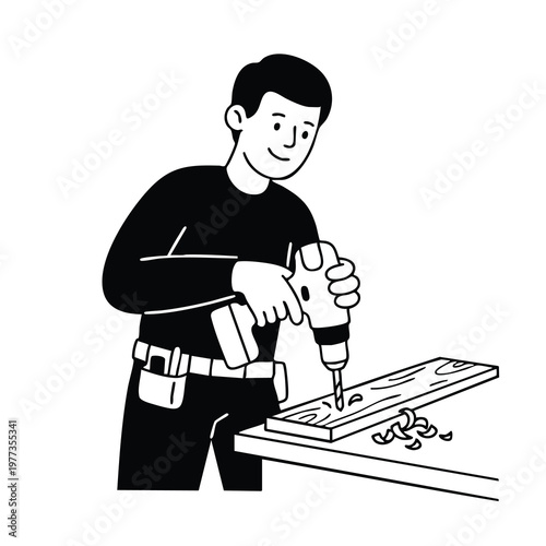 Man drilling a wooden plank with a power drill.