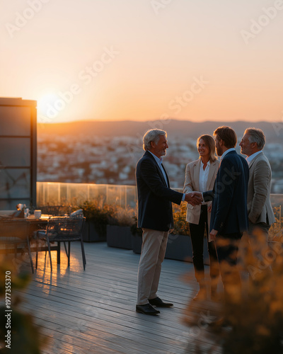 Sunrise Deal: A moment of camaraderie as a deal is sealed with a handshake amidst a breathtaking sunrise, set against an urban skyline