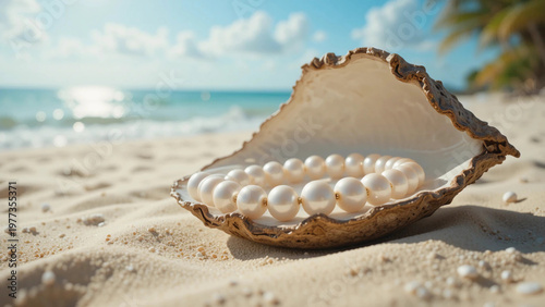 pearl bracelet inside open shell on the beach