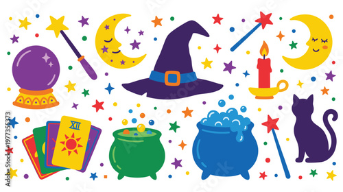Magic wizard theme elements with hat crystal ball cauldron and tarot card deck.