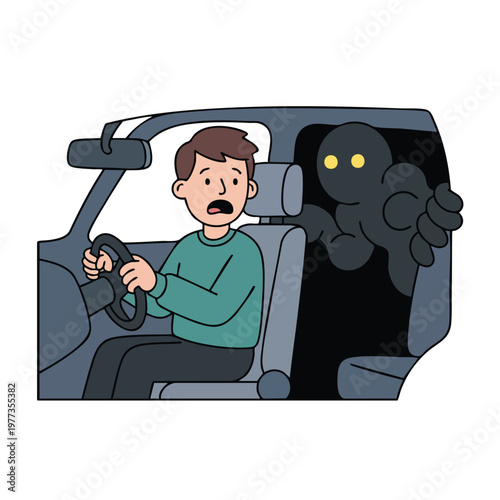 Man driving car scared of shadowy figure in back seat.