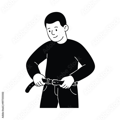 Man fastening his belt with a buckle.