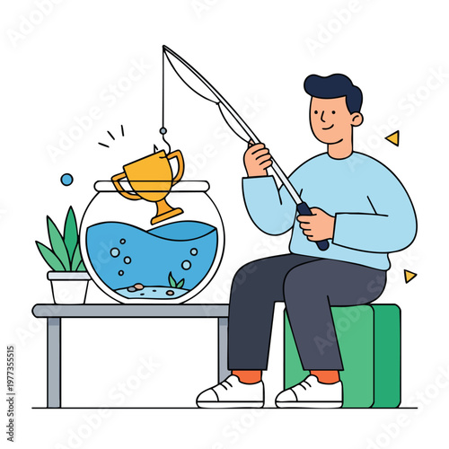 Man fishing for a golden trophy in a fishbowl.