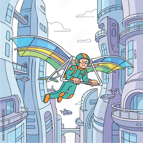Man flying hang glider through futuristic city.