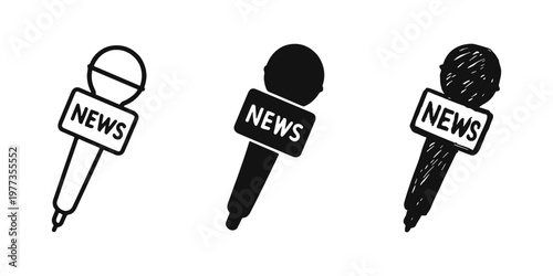 News microphone icons set, reporter mic for interview or press conference vector illustration