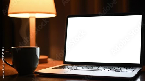 Cozy workspace at night with a blank white screen laptop and a steaming cup of coffee. Warm lamp lighting on a wooden desk. Remote work, study, and productivity concept.