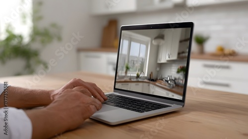 Hands typing on an open laptop placed on a wooden desk with a bright modern and minimalist kitchen visible in the background