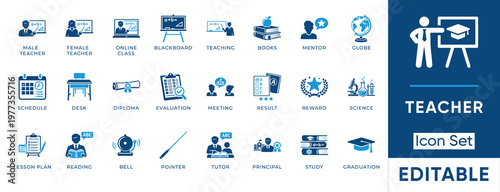 Teacher icon set. Containing online class, blackboard, books, mentor, diploma, schedule, reading, graduation and more. Solid vector icons collection.