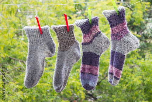 Hand-knitted wool socks drying on laundry line and attached with a clothespin. Air dried washed laundry. Outdoor, nature background