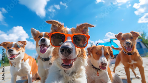 A Group of five playful dogs taking selfie