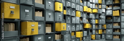 Professional Archive Storage System with Yellow and Grey Filing Cabinets for Efficient Document Management and Secure Data Organization in a Modern Office Environment.