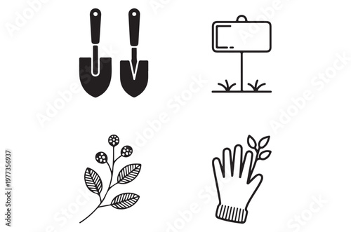Gardening tools and plant elements in a simple black and white design