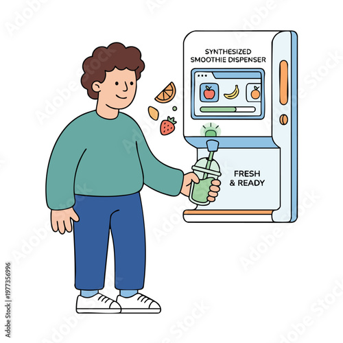 Man getting a fresh smoothie from a futuristic dispenser.