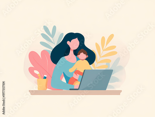 Flat-Illustration einer digitalen Nomadin, die Arbeit und Wellness in der Natur in Einklang bringt – Homeoffice und Remote-Arbeit