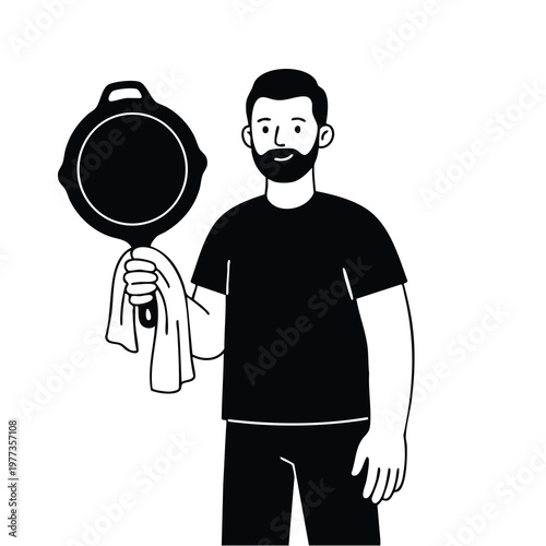 Man Holding a Cast Iron Skillet with a Towel.