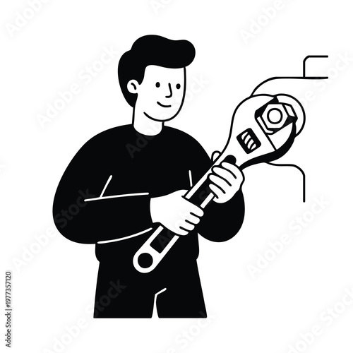 Man holding a large adjustable wrench tool.