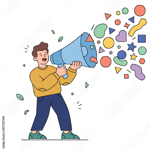 Man holding a large megaphone announcing with colorful shapes flying out.